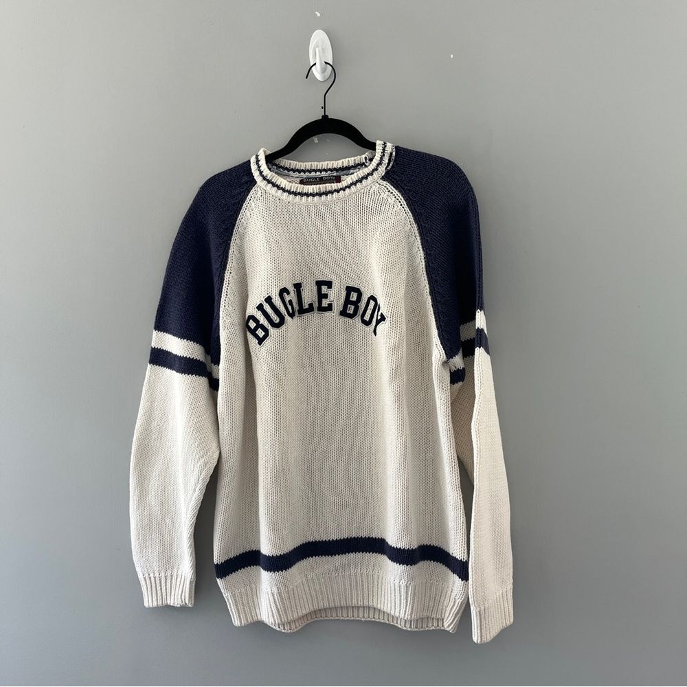 Bugle Boy Sweater Mens Cream Crewneck Vintage 90s Pullover Knitted Spellout
